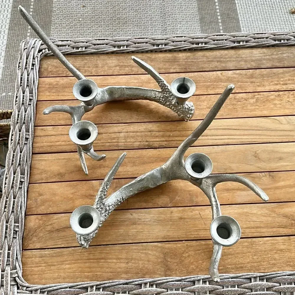 - Vintage Deer Antler Aluminum Candle Stick Holder Decor (2)